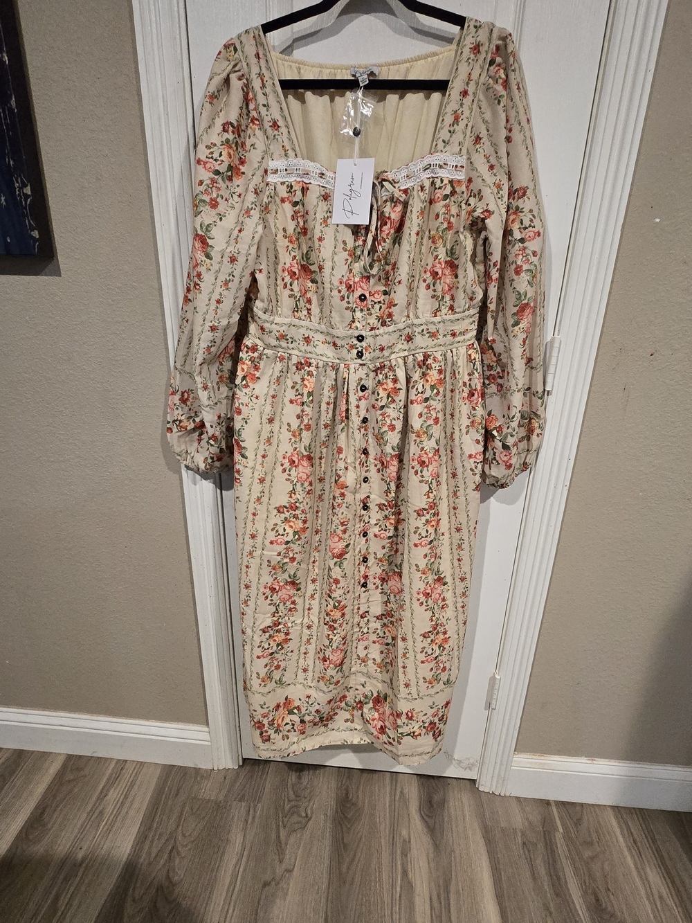 Floral Long Sleeve Midi Dress - Cream with Pink Roses